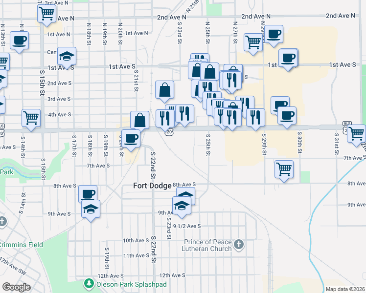 map of restaurants, bars, coffee shops, grocery stores, and more near 2315 5th Avenue South in Fort Dodge