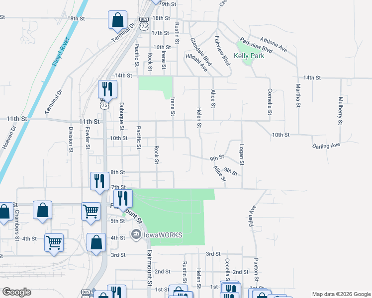 map of restaurants, bars, coffee shops, grocery stores, and more near 816 Irene Street in Sioux City