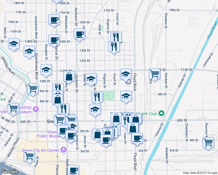 map of restaurants, bars, coffee shops, grocery stores, and more near 1000-1048 9th Street in Sioux City