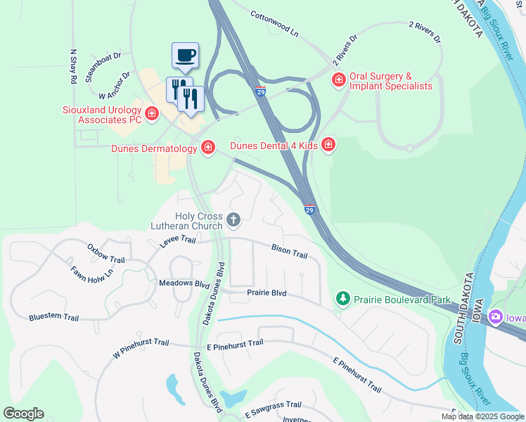 map of restaurants, bars, coffee shops, grocery stores, and more near 102 Whitetail Place in North Sioux City