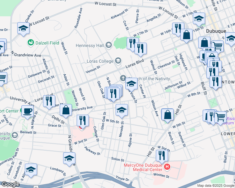 map of restaurants, bars, coffee shops, grocery stores, and more near 955 Nevada Street in Dubuque