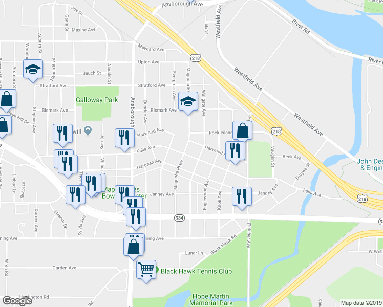 map of restaurants, bars, coffee shops, grocery stores, and more near 2016 Falls Avenue in Waterloo