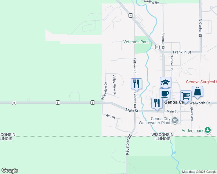map of restaurants, bars, coffee shops, grocery stores, and more near 948 Hilltop Lane in Genoa City
