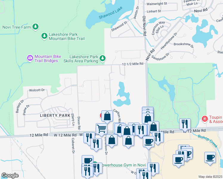 map of restaurants, bars, coffee shops, grocery stores, and more near 28326 Carlton Way Drive in Novi