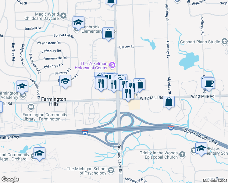 map of restaurants, bars, coffee shops, grocery stores, and more near 27835 Orchard Lake Road in Farmington Hills