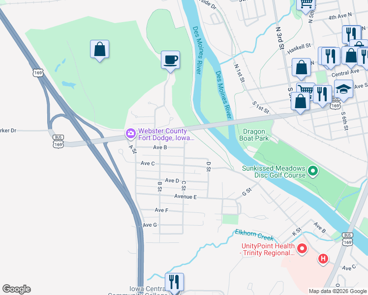 map of restaurants, bars, coffee shops, grocery stores, and more near 299 Ave B in Fort Dodge
