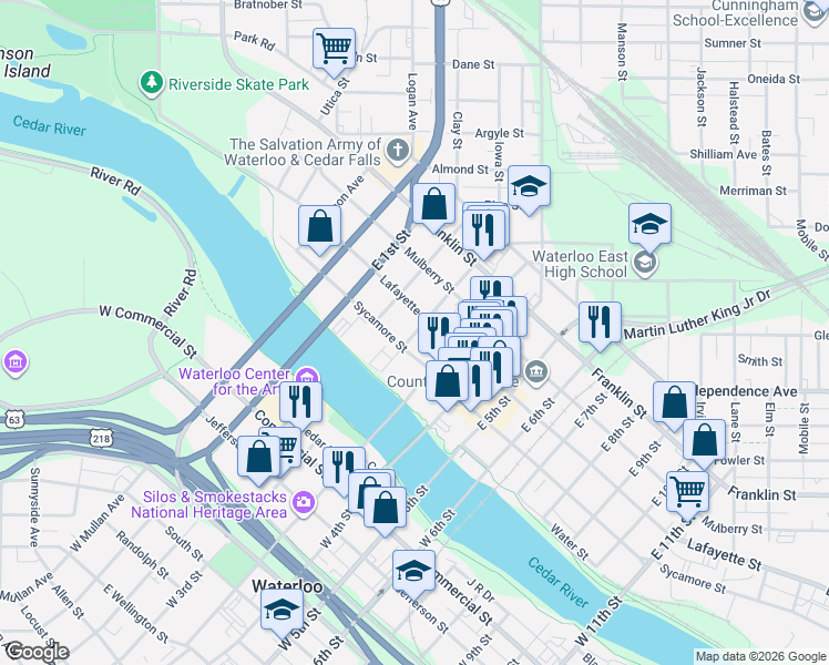 map of restaurants, bars, coffee shops, grocery stores, and more near 403 Sycamore St in Waterloo