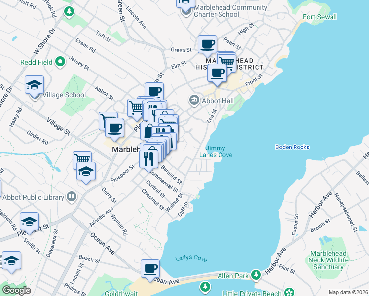 map of restaurants, bars, coffee shops, grocery stores, and more near 21 Waldron Court in Marblehead