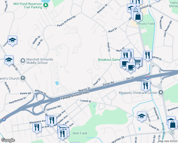 map of restaurants, bars, coffee shops, grocery stores, and more near 105 Westgate Drive in Burlington