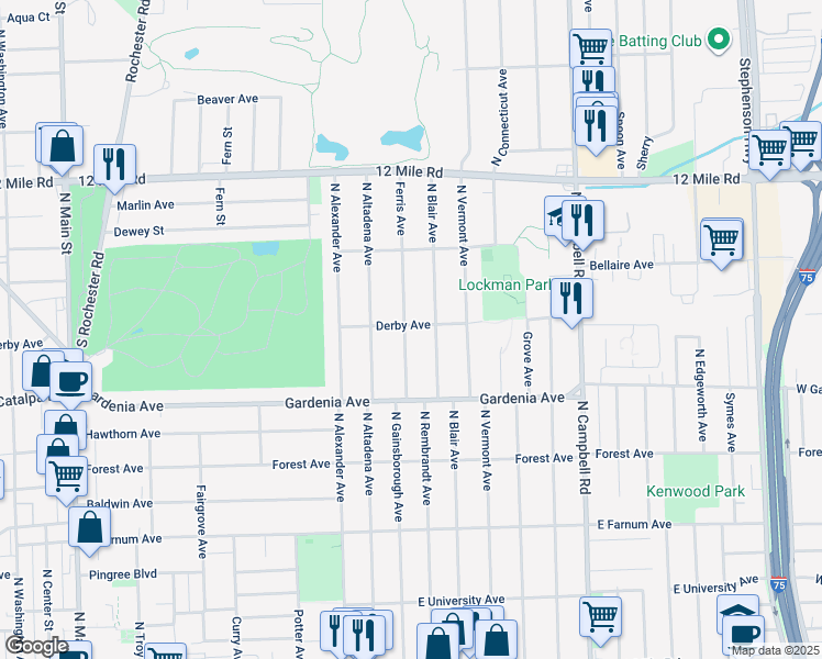 map of restaurants, bars, coffee shops, grocery stores, and more near 1128 Ferris Avenue in Royal Oak