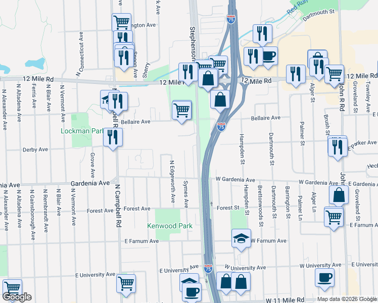 map of restaurants, bars, coffee shops, grocery stores, and more near 1105 North Stephenson Highway in Royal Oak