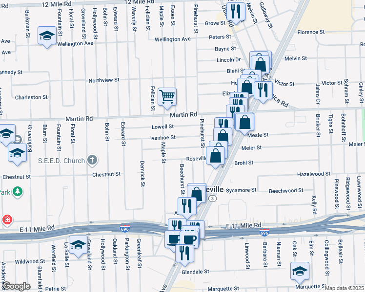 map of restaurants, bars, coffee shops, grocery stores, and more near in Roseville