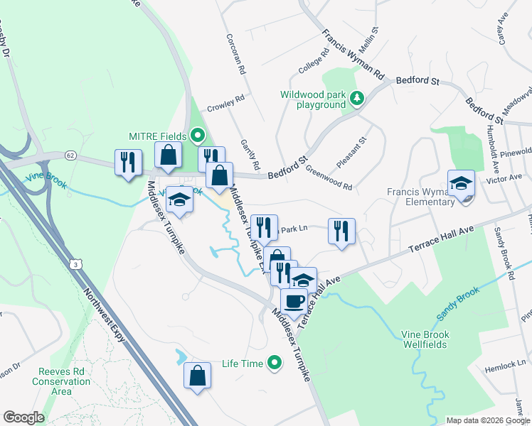 map of restaurants, bars, coffee shops, grocery stores, and more near 1 Baron Park Lane in Burlington