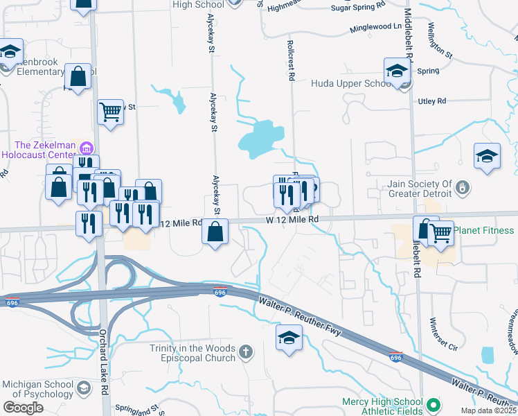 map of restaurants, bars, coffee shops, grocery stores, and more near 30078 Twelth Estate in Farmington Hills