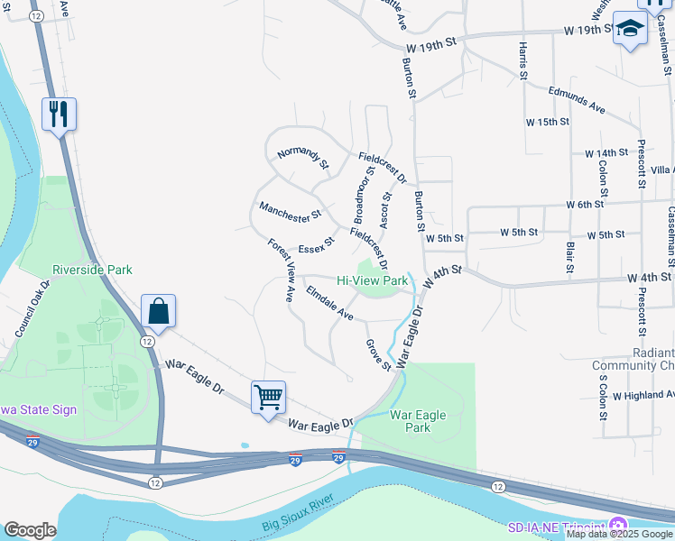 map of restaurants, bars, coffee shops, grocery stores, and more near 3915 West 4th Street in Sioux City
