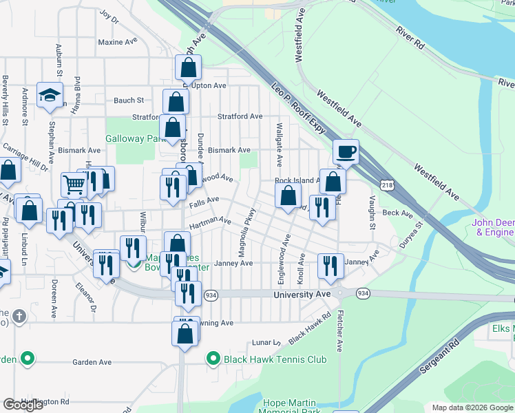 map of restaurants, bars, coffee shops, grocery stores, and more near 2026 Falls Avenue in Waterloo