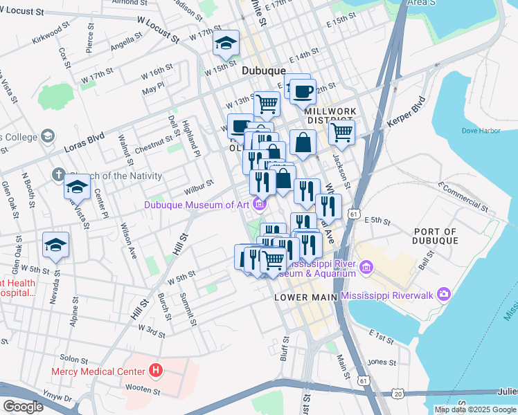 map of restaurants, bars, coffee shops, grocery stores, and more near Locust Street in Dubuque