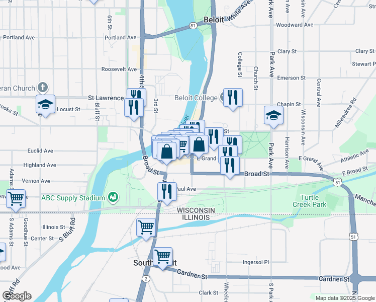 map of restaurants, bars, coffee shops, grocery stores, and more near 444 East Grand Avenue in Beloit