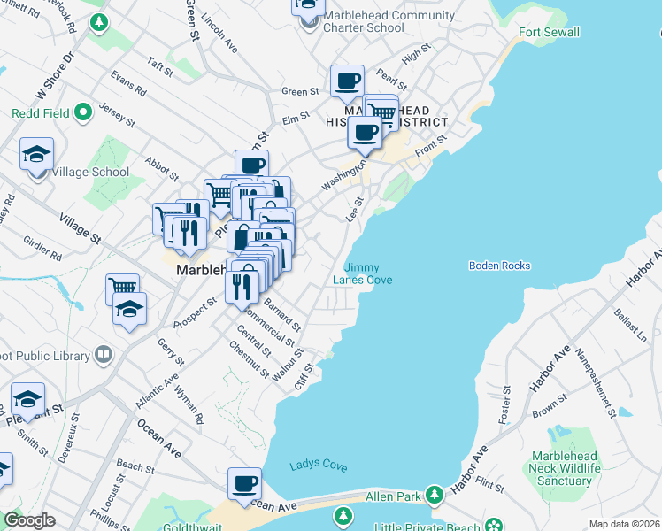 map of restaurants, bars, coffee shops, grocery stores, and more near 35 Gregory Street in Marblehead