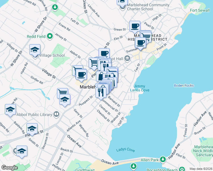 map of restaurants, bars, coffee shops, grocery stores, and more near 31 Atlantic Avenue in Marblehead