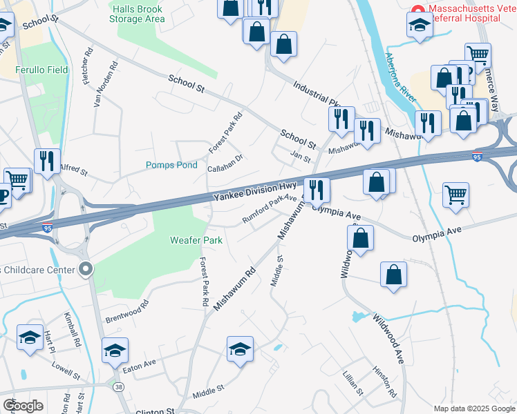 map of restaurants, bars, coffee shops, grocery stores, and more near 7 Highet Avenue in Woburn