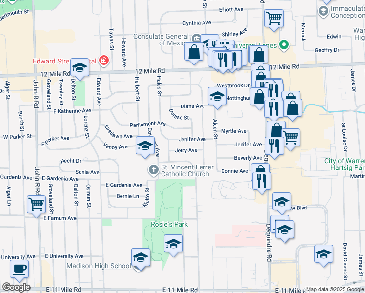map of restaurants, bars, coffee shops, grocery stores, and more near 1270 Jerry Avenue in Madison Heights