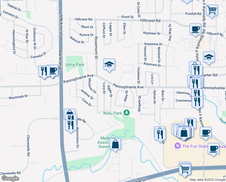 map of restaurants, bars, coffee shops, grocery stores, and more near 1301 Aggie Street in Dubuque