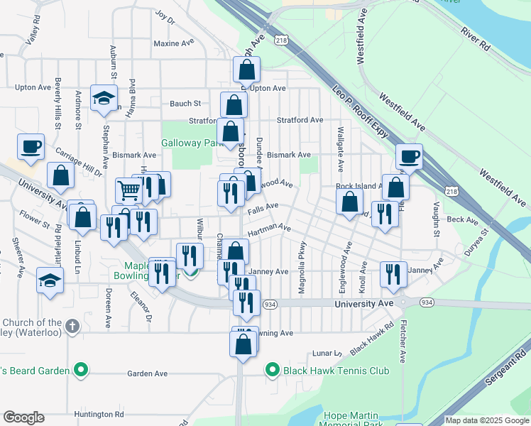 map of restaurants, bars, coffee shops, grocery stores, and more near 724 Hartman Avenue in Waterloo