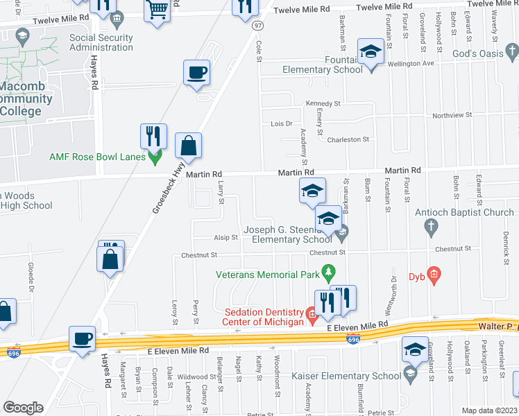 map of restaurants, bars, coffee shops, grocery stores, and more near 27760 Woodmont Street in Roseville