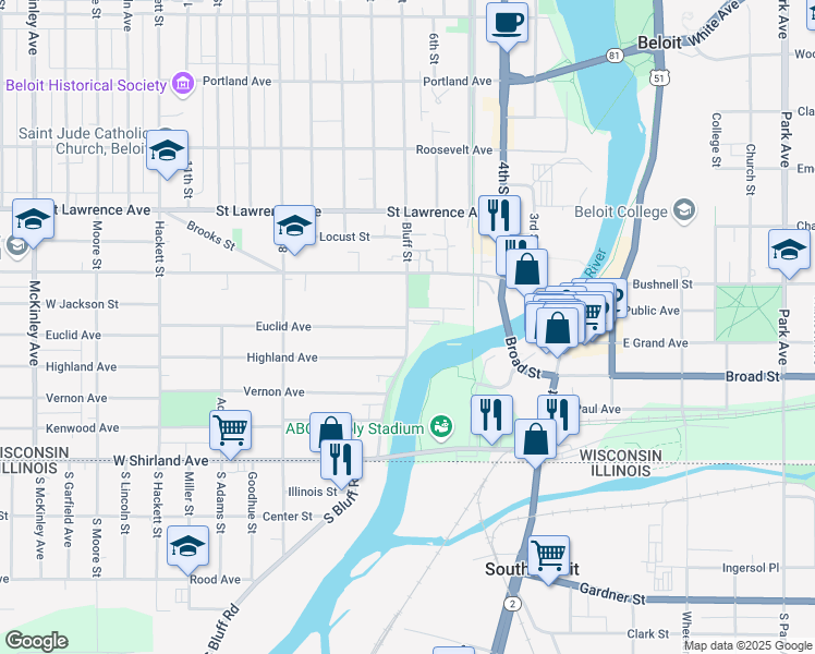map of restaurants, bars, coffee shops, grocery stores, and more near 417 Bluff Street in Beloit