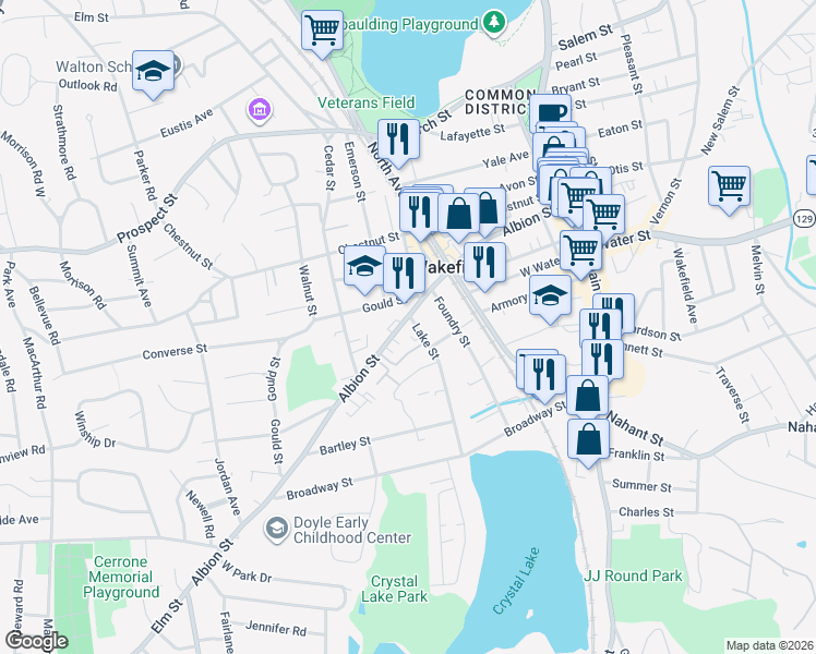 map of restaurants, bars, coffee shops, grocery stores, and more near 11 Lake Street in Wakefield