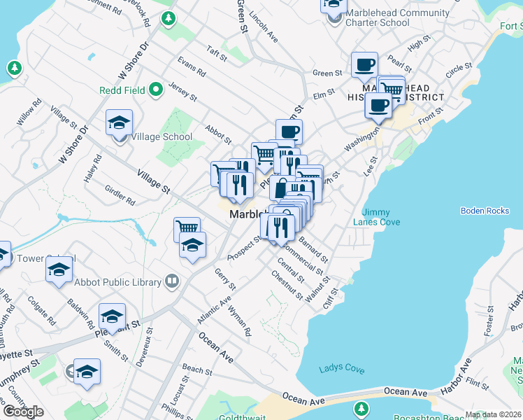map of restaurants, bars, coffee shops, grocery stores, and more near 11 Rowland Street in Marblehead