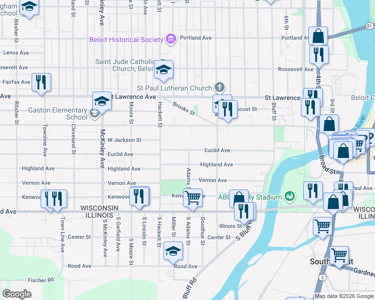 map of restaurants, bars, coffee shops, grocery stores, and more near 900 Euclid Avenue in Beloit