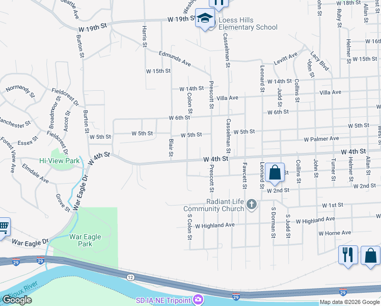 map of restaurants, bars, coffee shops, grocery stores, and more near 2700-2898 W 4th St in Sioux City