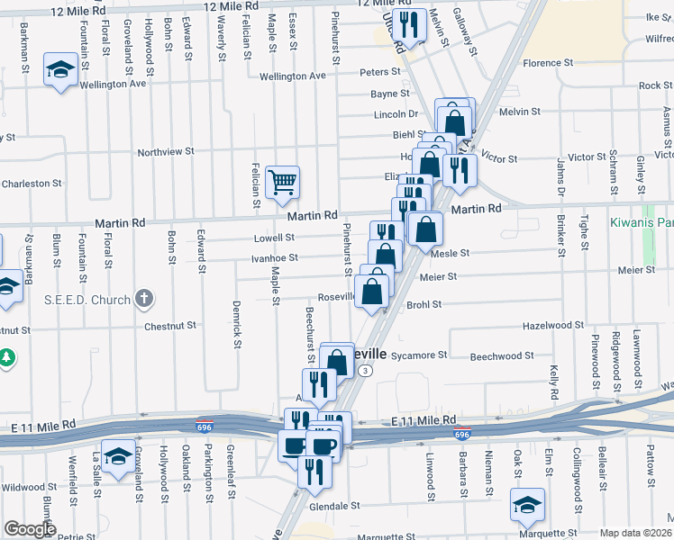 map of restaurants, bars, coffee shops, grocery stores, and more near 17719 Roseville Boulevard in Roseville