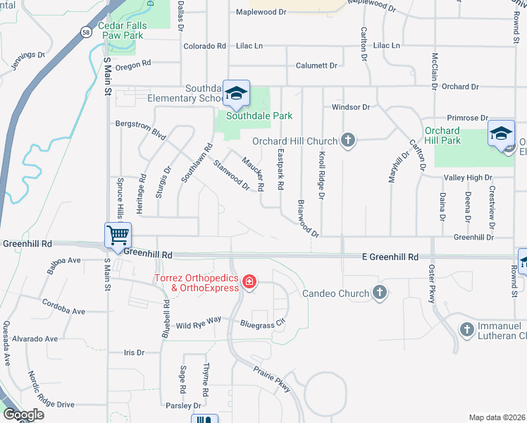 map of restaurants, bars, coffee shops, grocery stores, and more near 881 Maucker Road in Cedar Falls