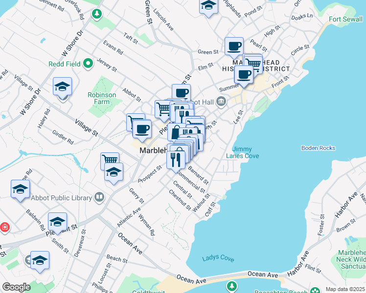 map of restaurants, bars, coffee shops, grocery stores, and more near 31 Atlantic Avenue in Marblehead