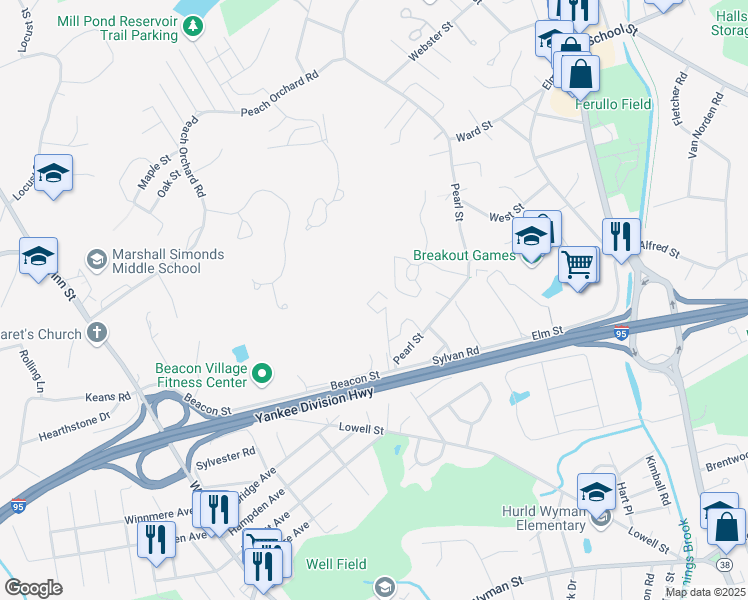 map of restaurants, bars, coffee shops, grocery stores, and more near 103 Westgate Drive in Burlington