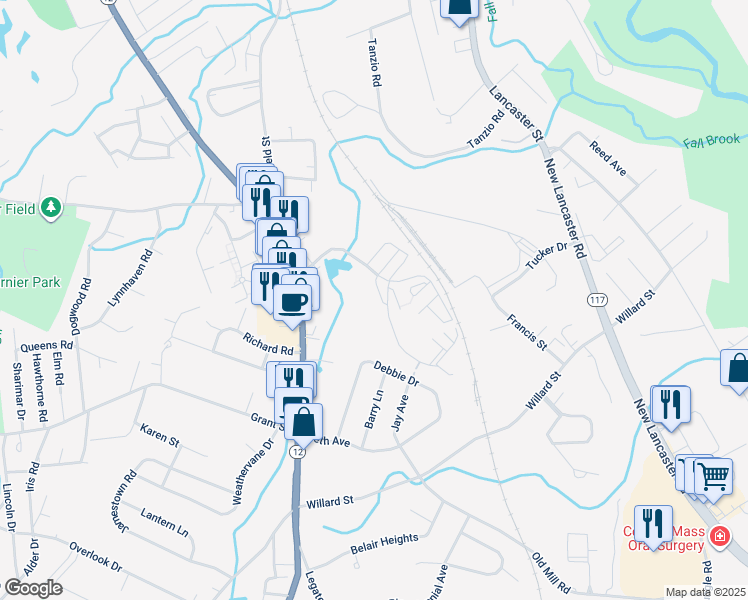 map of restaurants, bars, coffee shops, grocery stores, and more near 1200 Brooks Pond Road in Leominster