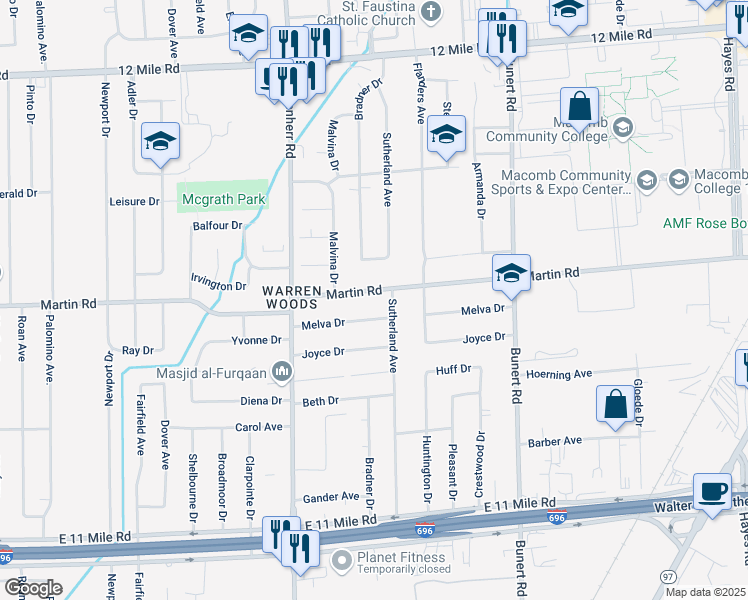 map of restaurants, bars, coffee shops, grocery stores, and more near 27907 Sutherland Avenue in Warren