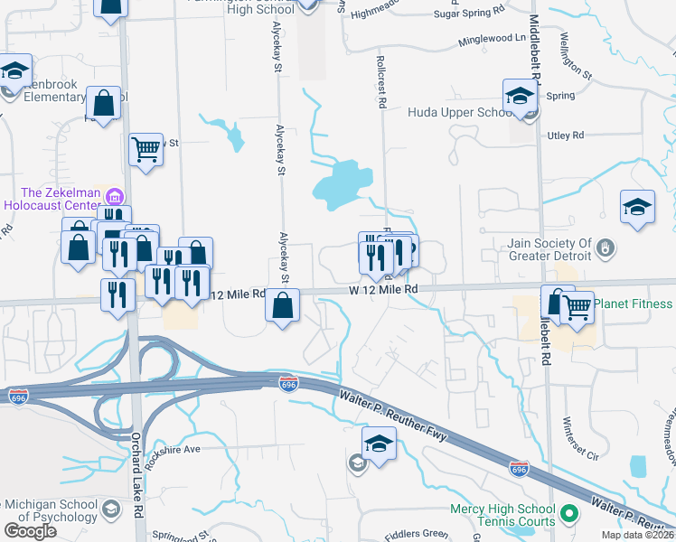 map of restaurants, bars, coffee shops, grocery stores, and more near 30078 Twelth Estate in Farmington Hills