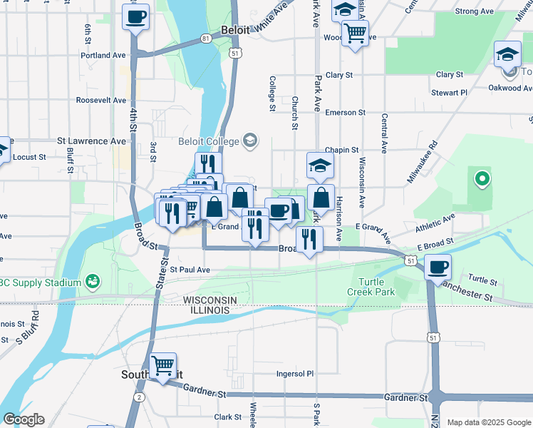 map of restaurants, bars, coffee shops, grocery stores, and more near 636 East Grand Avenue in Beloit