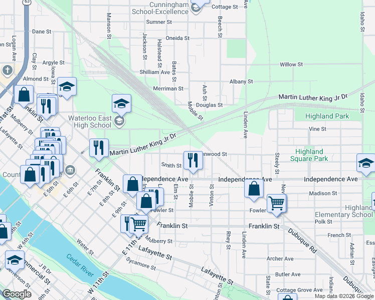 map of restaurants, bars, coffee shops, grocery stores, and more near 435 Cherry Street in Waterloo
