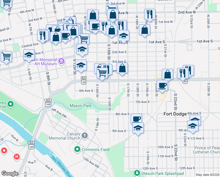 map of restaurants, bars, coffee shops, grocery stores, and more near 609 South 15th Street in Fort Dodge