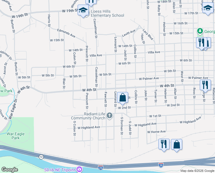 map of restaurants, bars, coffee shops, grocery stores, and more near 2412 West 4th Street in Sioux City