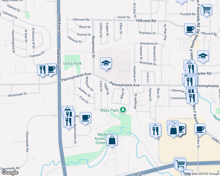 map of restaurants, bars, coffee shops, grocery stores, and more near 3730 Pennsylvania Avenue in Dubuque