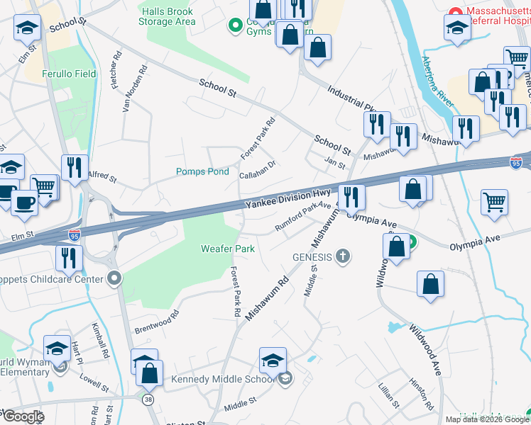 map of restaurants, bars, coffee shops, grocery stores, and more near 14 Rumford Park Avenue in Woburn