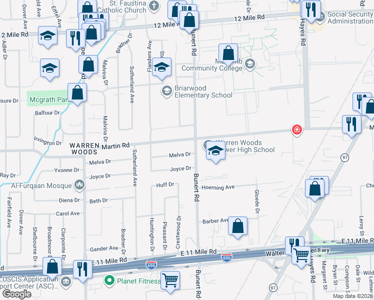 map of restaurants, bars, coffee shops, grocery stores, and more near 14252 Melva Drive in Warren