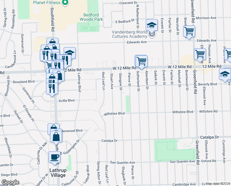 map of restaurants, bars, coffee shops, grocery stores, and more near 28500 Stuart Avenue in Southfield