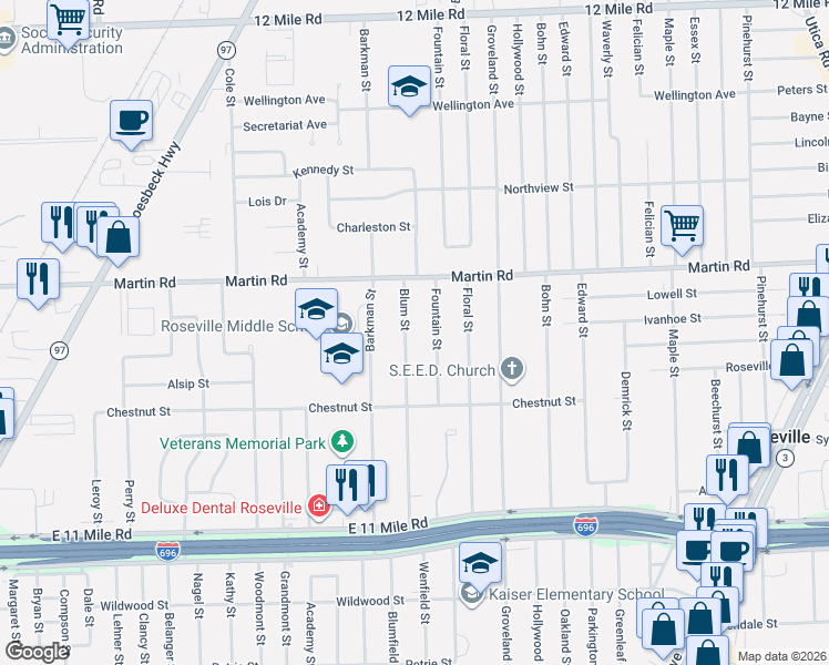 map of restaurants, bars, coffee shops, grocery stores, and more near 27820 Blum Street in Roseville